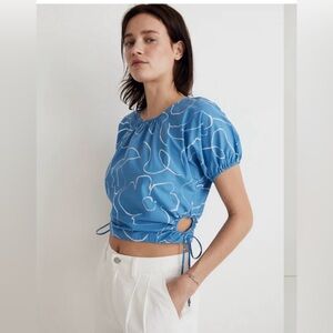 Madewell Embroidered Poplin Puff-Sleeve Cutout Crop Top Size Medium NWT